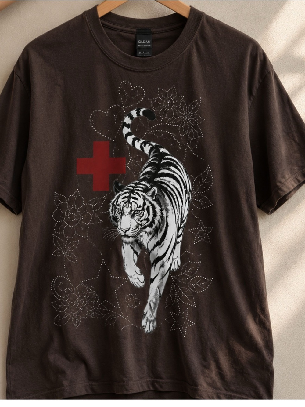 Gildan Brown Tee with White Tiger and Red Cross Graphic